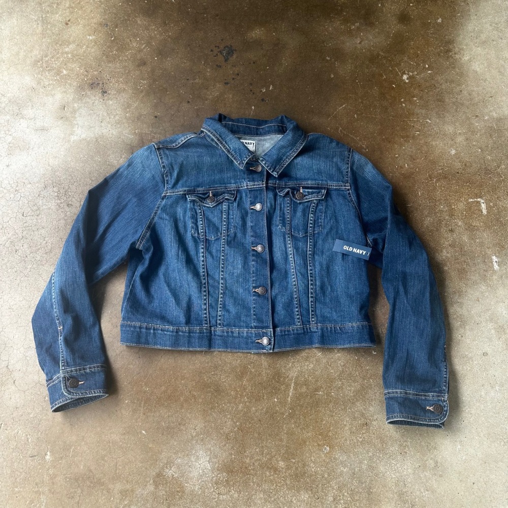 Old Navy Denim Jacket Women XL Blues Cropped Medium Wash Button Up NWT